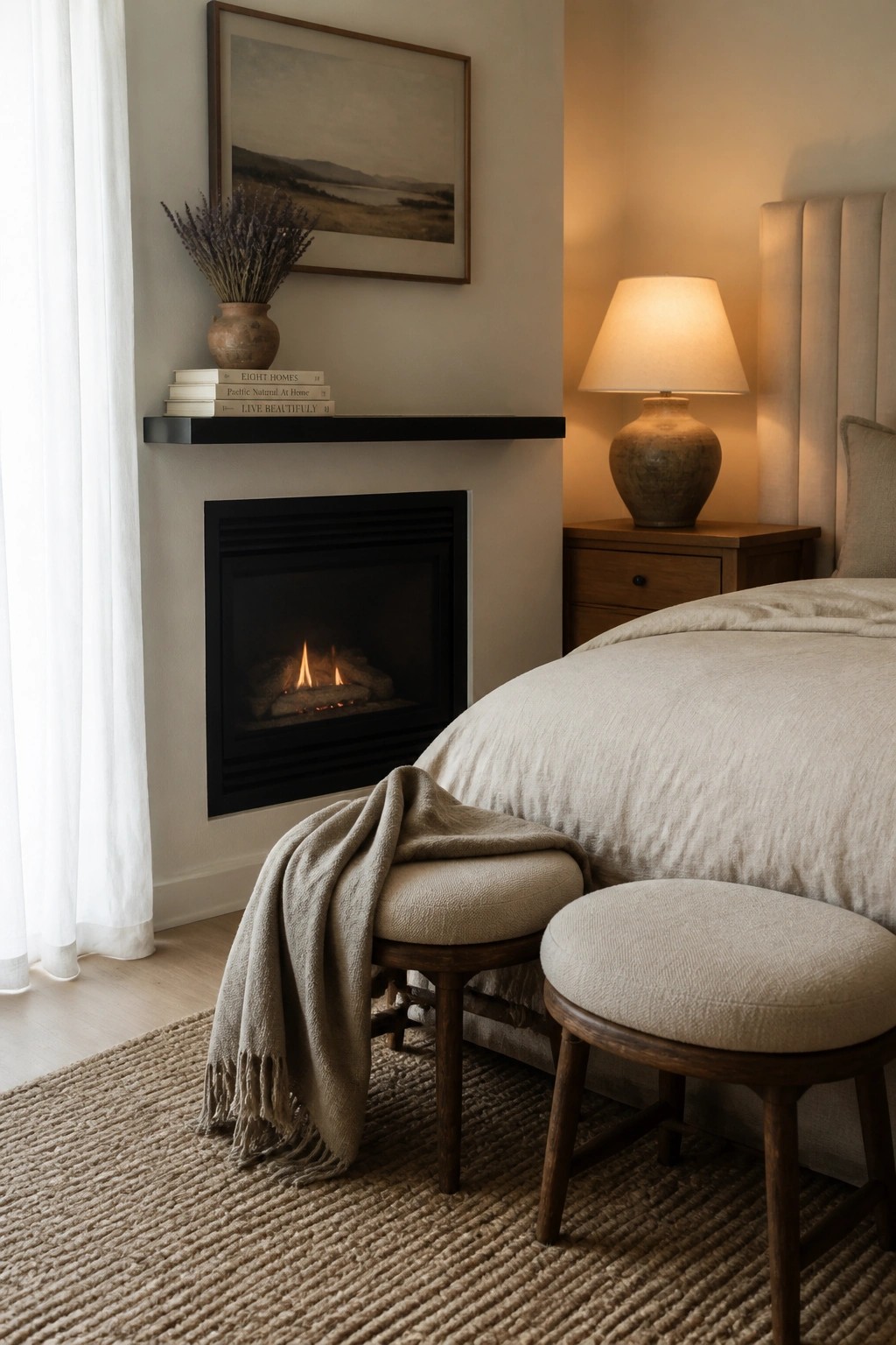A bedroom fireplace with a black mantel shelf holding stacked books and a vase of dried lavender beneath a framed landscape painting.