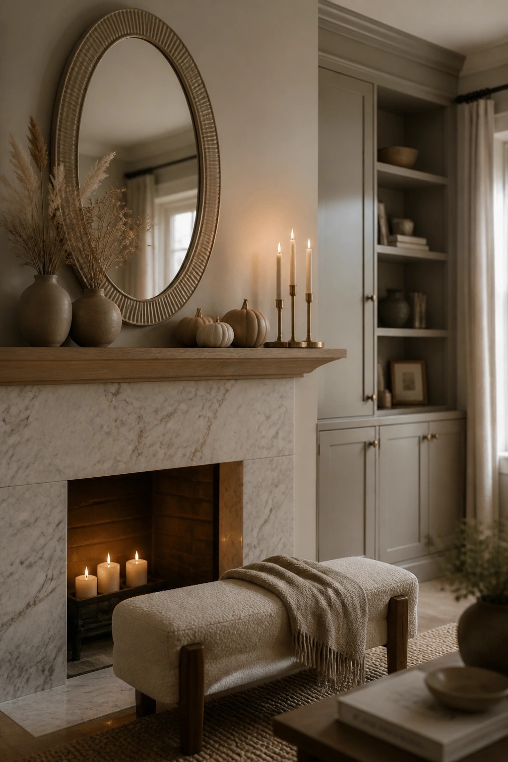 A marble fireplace with a wooden mantel holds several lit candles, small neutral pumpkins, and two vases of dried grasses, with a round mirror centered above and a upholstered bench in front.