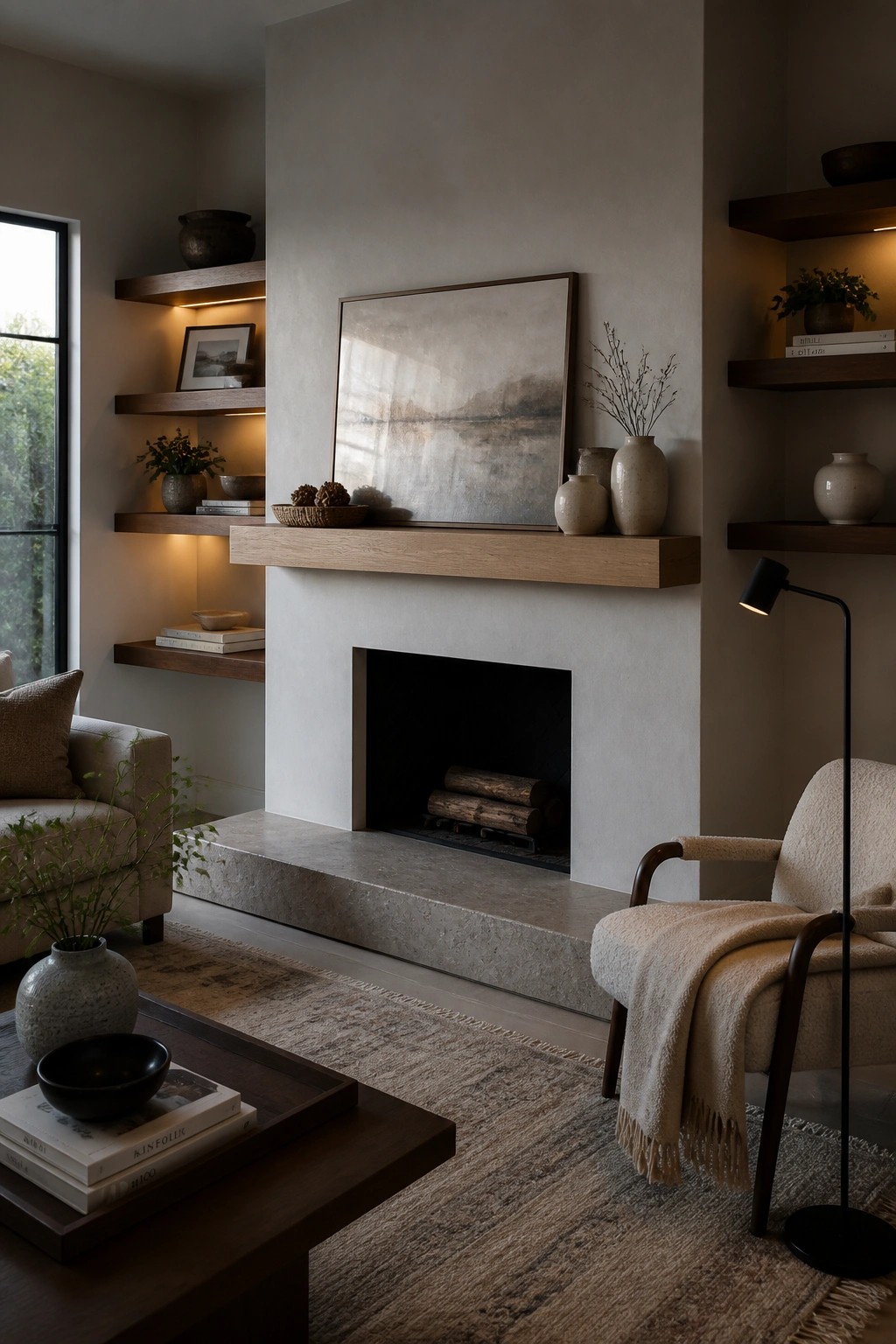 A modern living room with a concrete fireplace, floating wooden mantel shelf holding an abstract painting and several ceramic vases, plus built-in wood shelves on both sides.