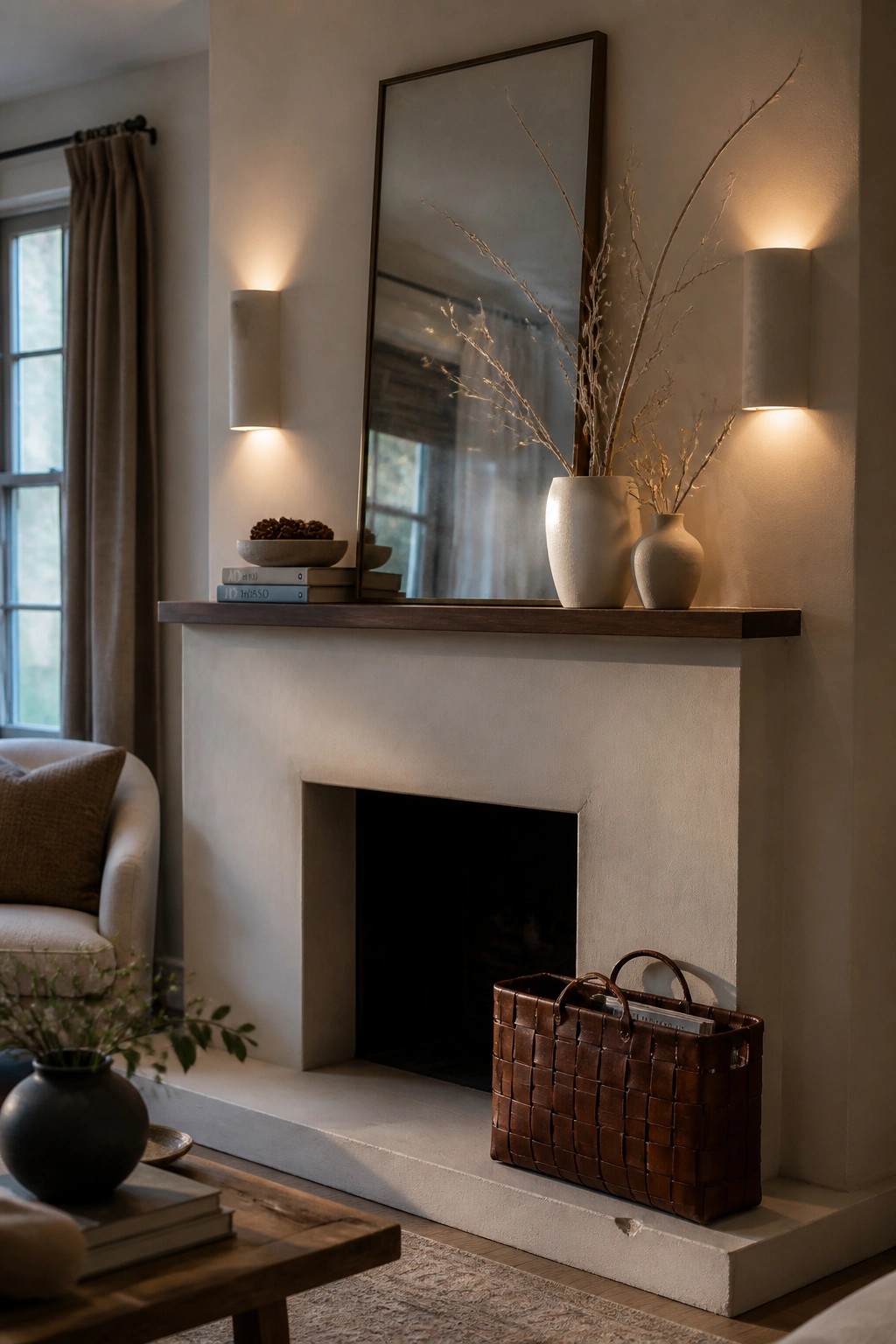 A white plaster fireplace with a dark wood mantel holds two off-white vases with dried branches, stacked books on the left, and a tall mirror centered above.
