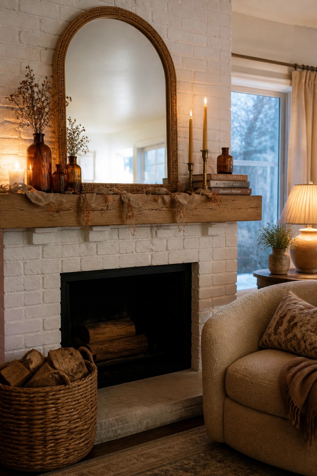 A white brick fireplace with a wooden mantel decorated with amber glass bottles, taper candles, dried flowers, and stacked books beneath an arched mirror.
