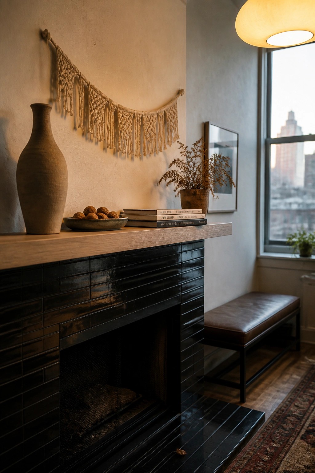 A black tiled fireplace with a light wood mantel, featuring a clay vase, bowl of spheres, stack of books, and potted plant, plus a macrame hanging on the wall above.