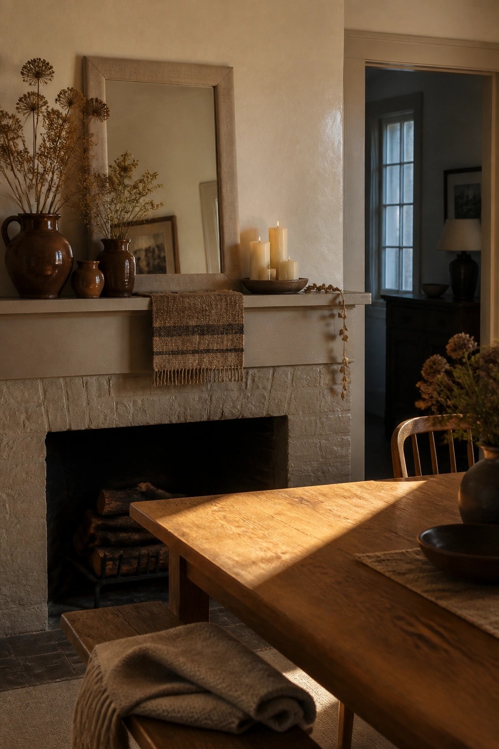A white mantel over a stone fireplace holds neutral pottery, candles, and dried stems, with a wooden dining table visible in the foreground.