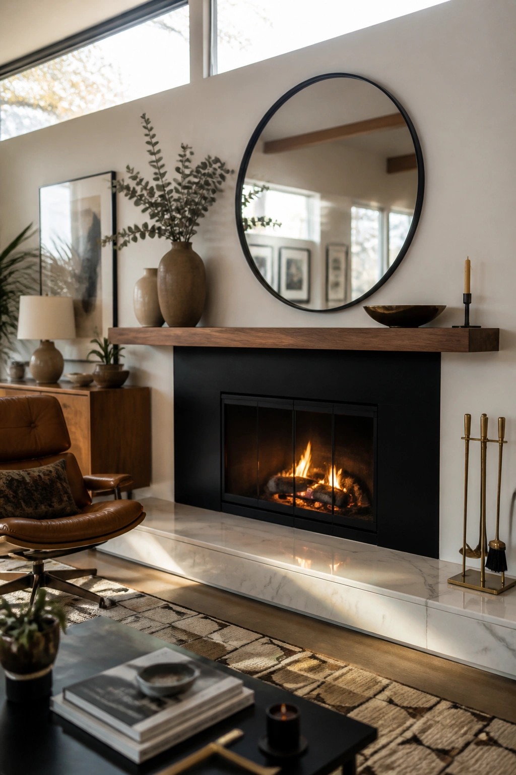 A living room featuring a black fireplace with a long wooden mantel shelf, a round mirror above it, and minimal neutral accessories including ceramic vases and a bowl.