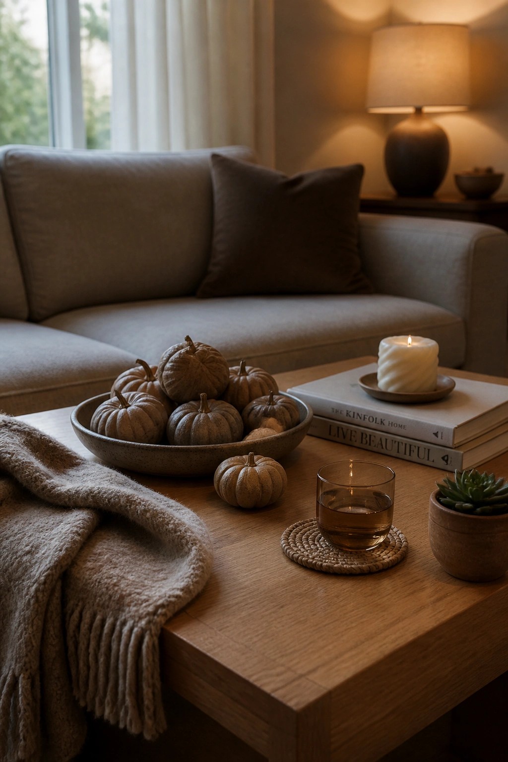 A wooden coffee table displays a ceramic bowl of small beige pumpkins, stacked books with a lit candle on top, a glass on a woven coaster, and a potted succulent, next to a sofa with a beige throw.