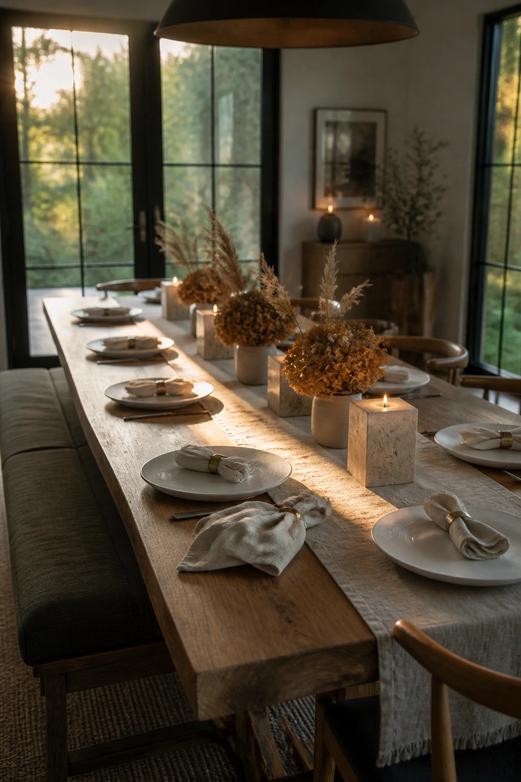 A long wooden dining table set with white plates, folded beige napkins, dried floral centerpieces, and lit candles along a linen runner.