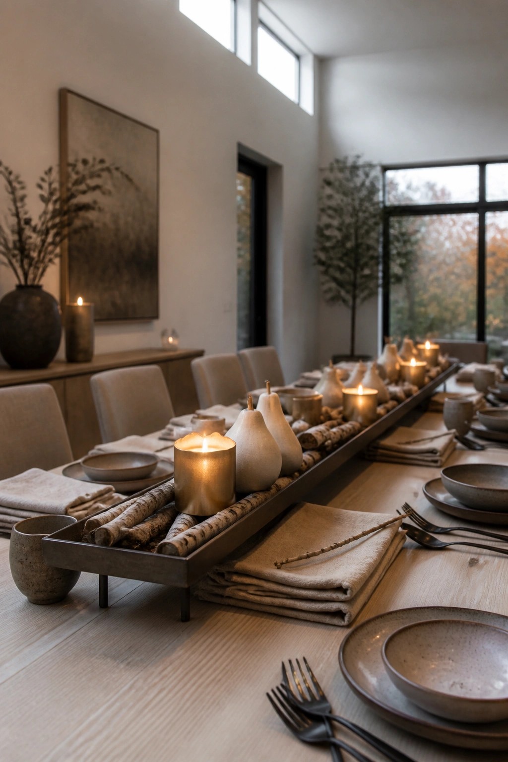 A long wooden dining table with a central metal tray holding birch logs, lit candles, and ceramic pears, surrounded by neutral tableware and linen napkins.