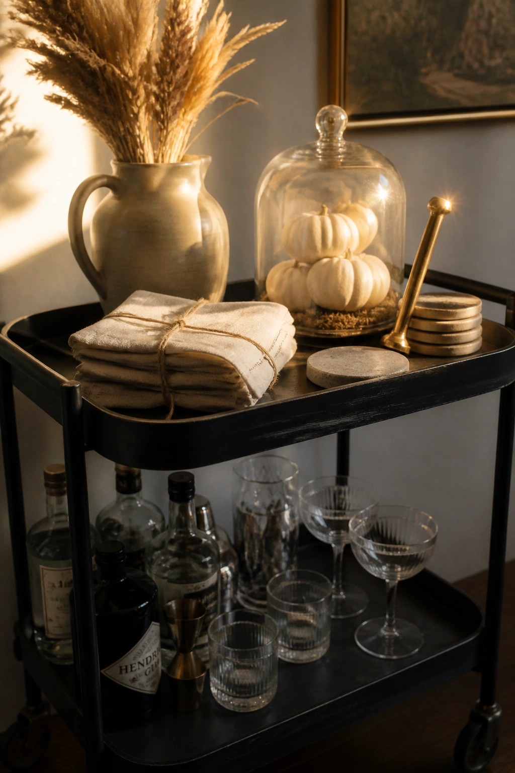 A two-tier black bar cart holds a beige pitcher with dried grasses, white pumpkins under a glass cloche, folded linens tied with twine, and assorted glassware on the lower shelf.
