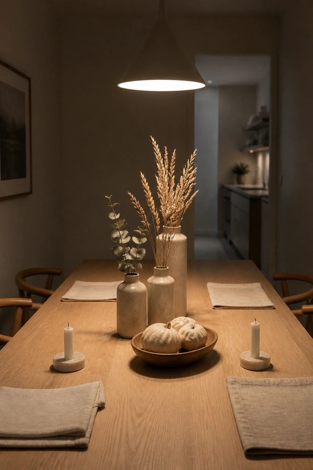 A wooden dining table with three ceramic vases holding dried grasses and eucalyptus, a wooden bowl of small white pumpkins, white candles on marble holders, and folded linen napkins under a pendant light.