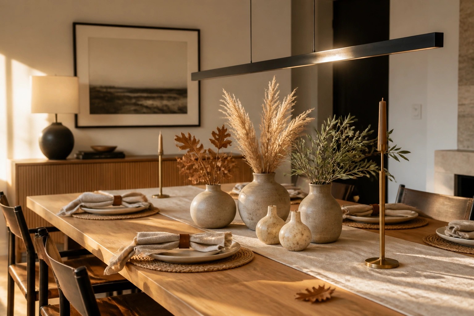 A long wooden dining table with a beige linen runner, several ceramic vases holding dried grasses, brass candle holders, and small white pumpkins arranged along the center.