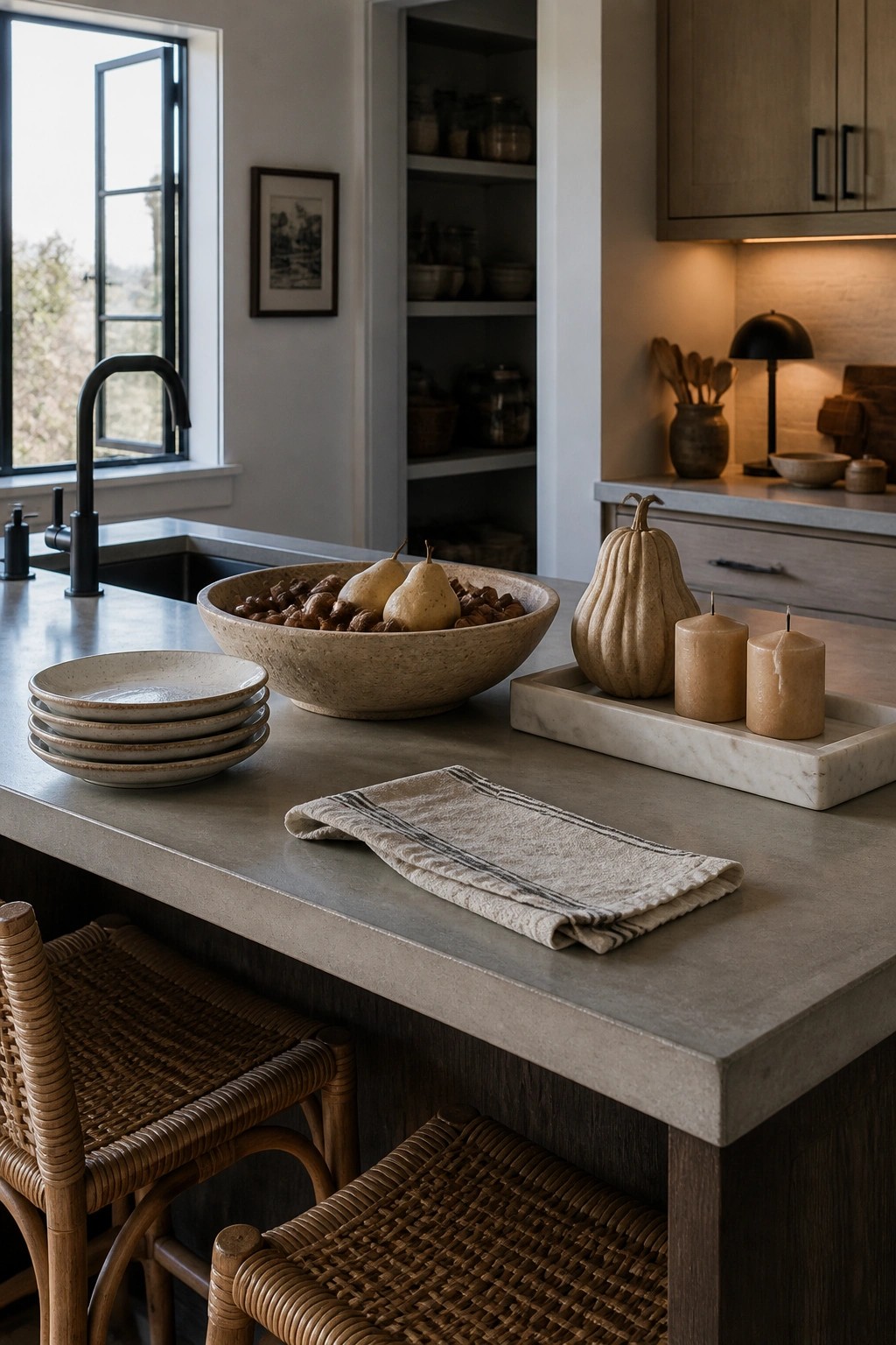 A kitchen island with a marble tray holding a gourd and two candles, next to a bowl of pears and nuts on a concrete countertop.