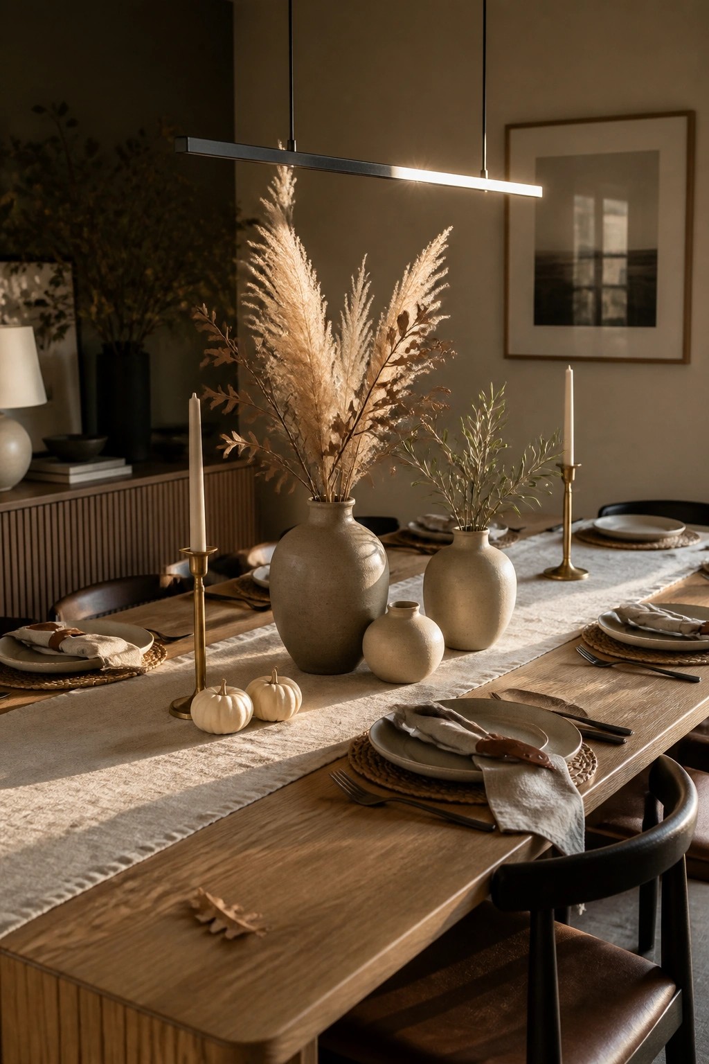 A long wooden dining table with a beige linen runner, several ceramic vases holding dried grasses, brass candle holders, and small white pumpkins arranged along the center.