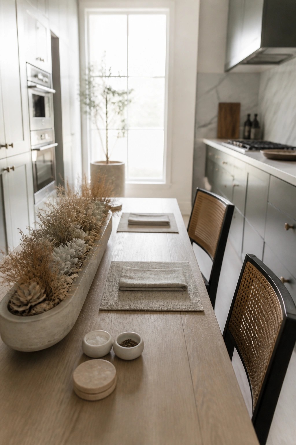 A long wooden dining table in a bright kitchen features a concrete trough filled with dried grasses and succulents running down the center, set with folded linen napkins on woven placemats.