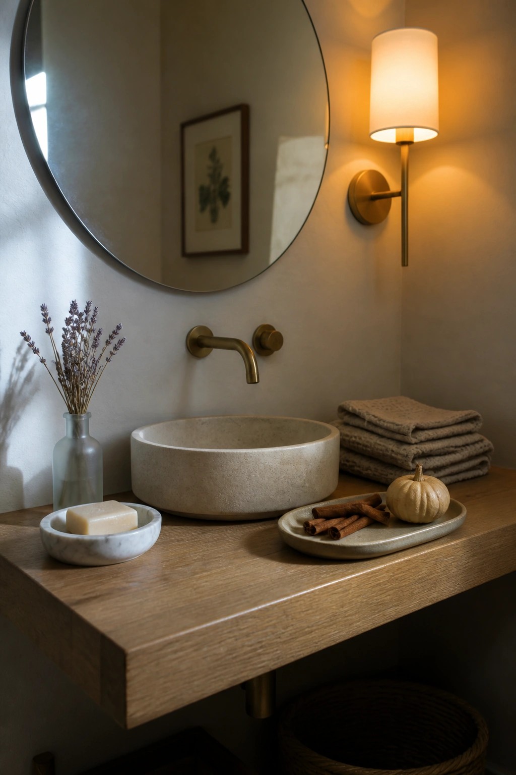 A bathroom vanity shows a stone vessel sink on a wooden countertop with a small tray holding cinnamon sticks and a miniature pumpkin, a marble soap dish, dried lavender in a glass vase, folded towels, and a round wall mirror above.