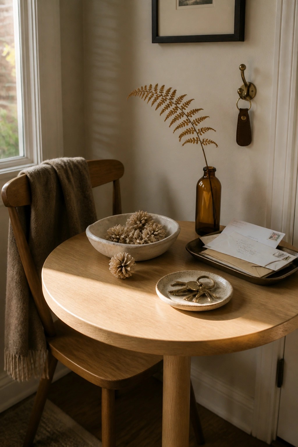 A round wooden table with a ceramic bowl of pinecones, a small dish holding keys, a tray of mail, and a brown bottle with a dried fern, next to a wooden chair draped with a brown blanket.