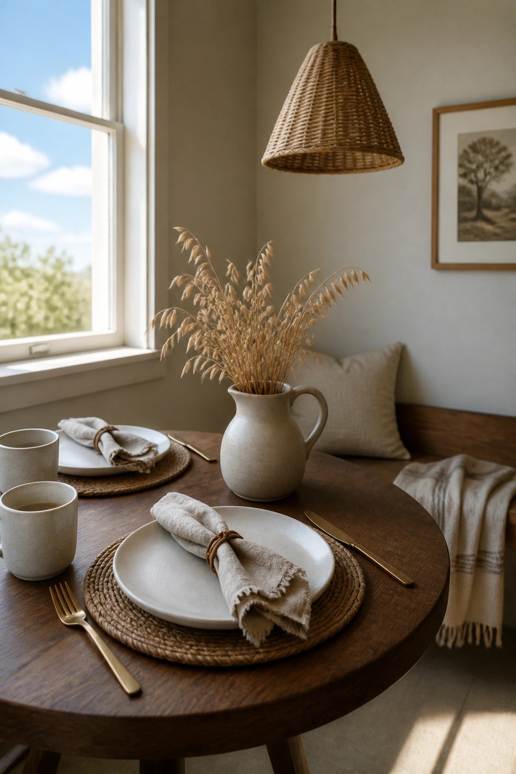 A round wooden table set for two with white plates on woven placemats, folded linen napkins, gold cutlery, ceramic cups, and a pitcher of dried grasses near a window.