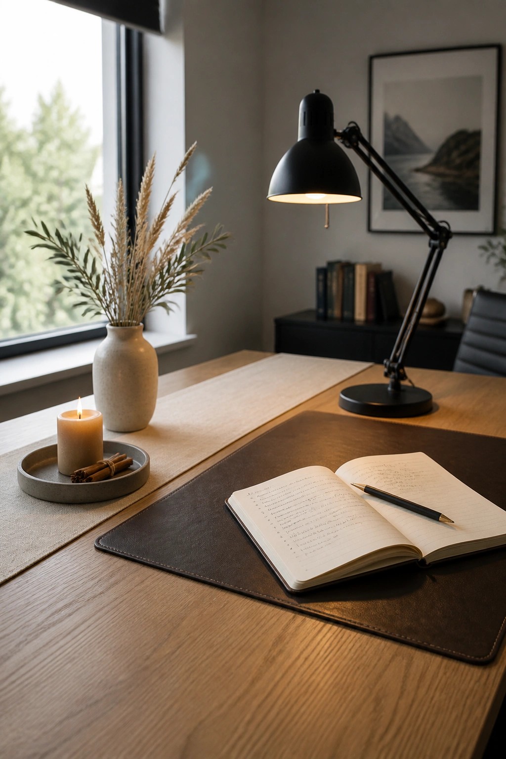 A wooden desk with an open notebook on a brown leather pad, a lit candle on a gray tray with cinnamon sticks, a ceramic vase of dried grasses, and a black desk lamp near a window.
