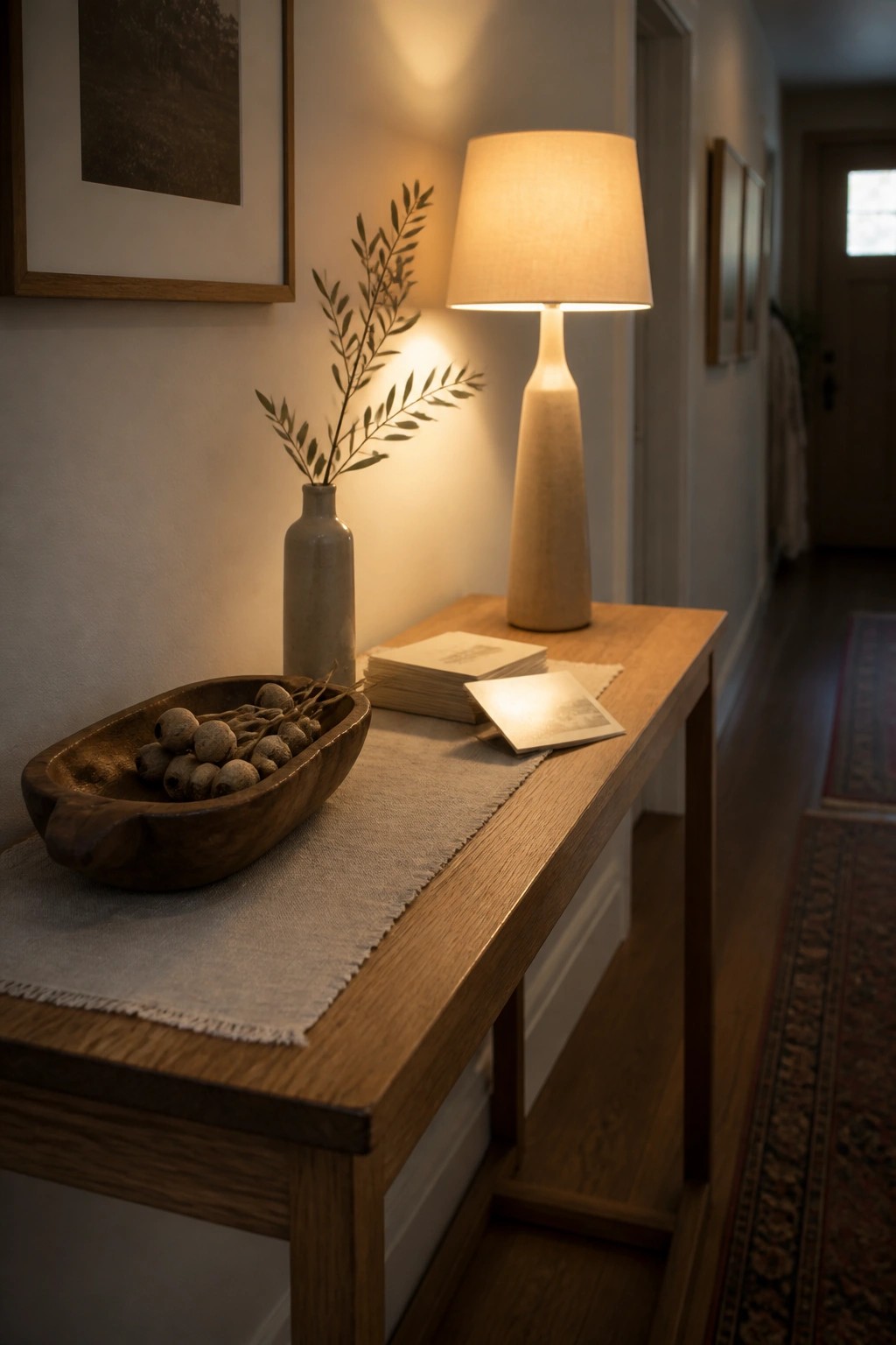 A wooden console table in a hallway with a linen runner, wooden bowl of dried pods, ceramic vase with branches, stacked books, and lit table lamp.
