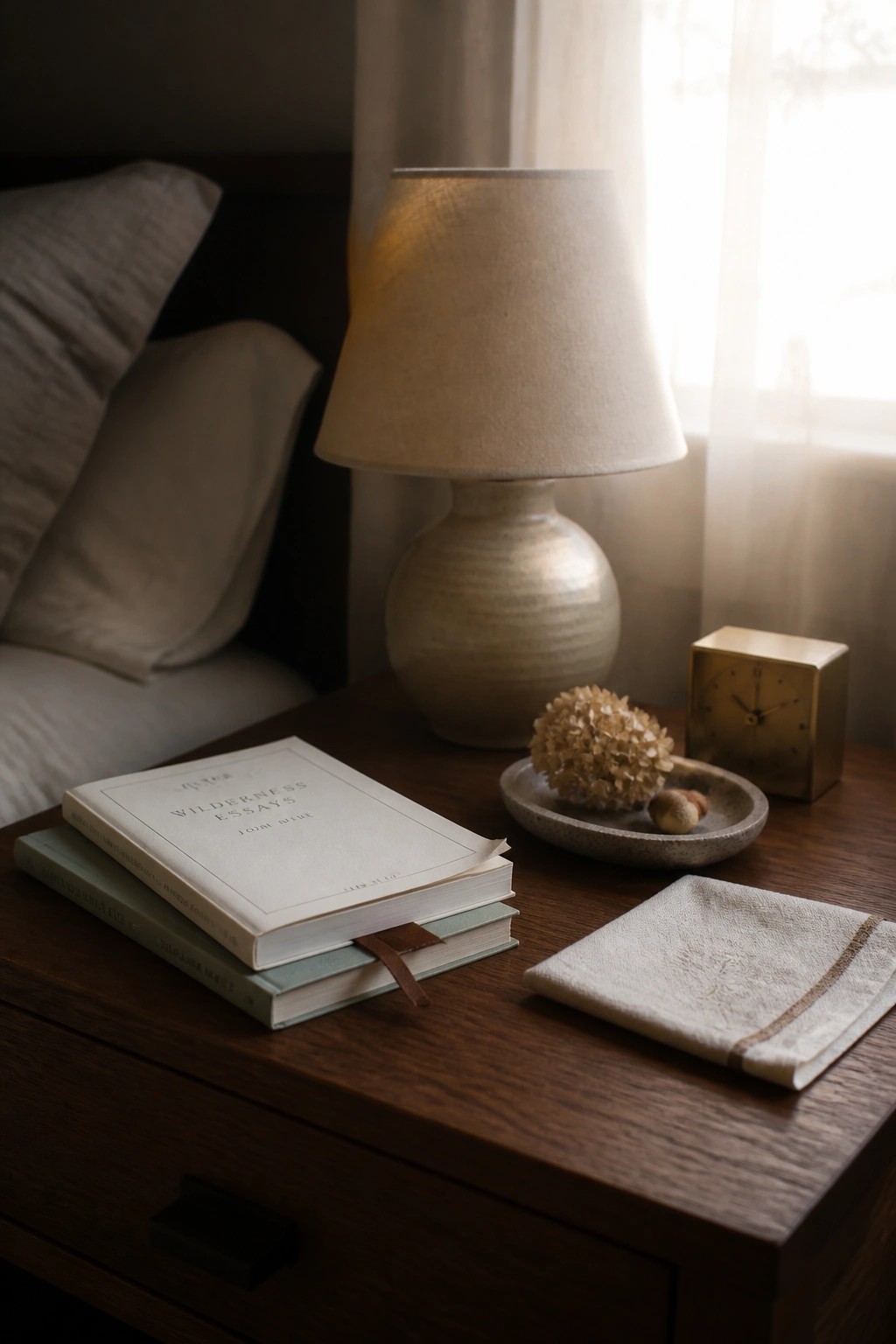A dark wood nightstand displays stacked books under a ceramic lamp, next to a small stone dish, brass clock, and folded linen napkin.