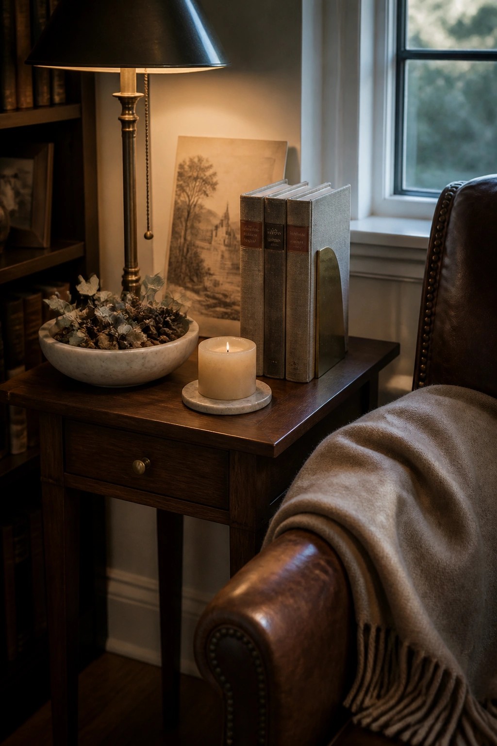 A wooden side table holds three upright clothbound books, a lit candle on a round coaster, a marble bowl with dried foliage, and a brass lamp next to a leather armchair.