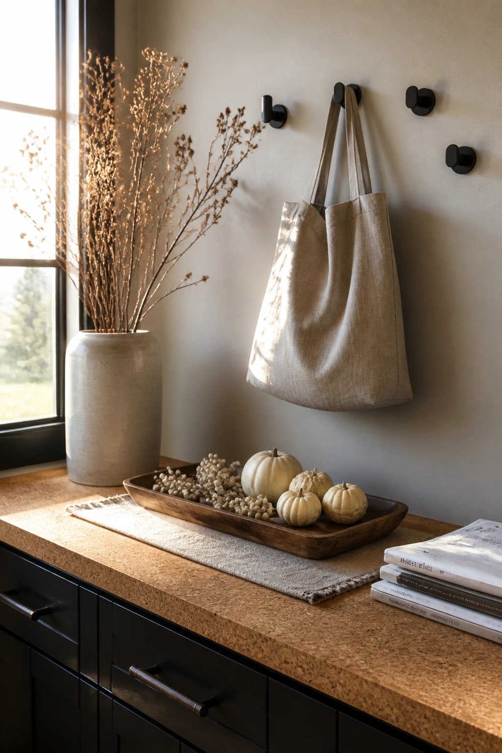 Beige tote bag on black hooks above countertop with white pumpkins and dried branches.