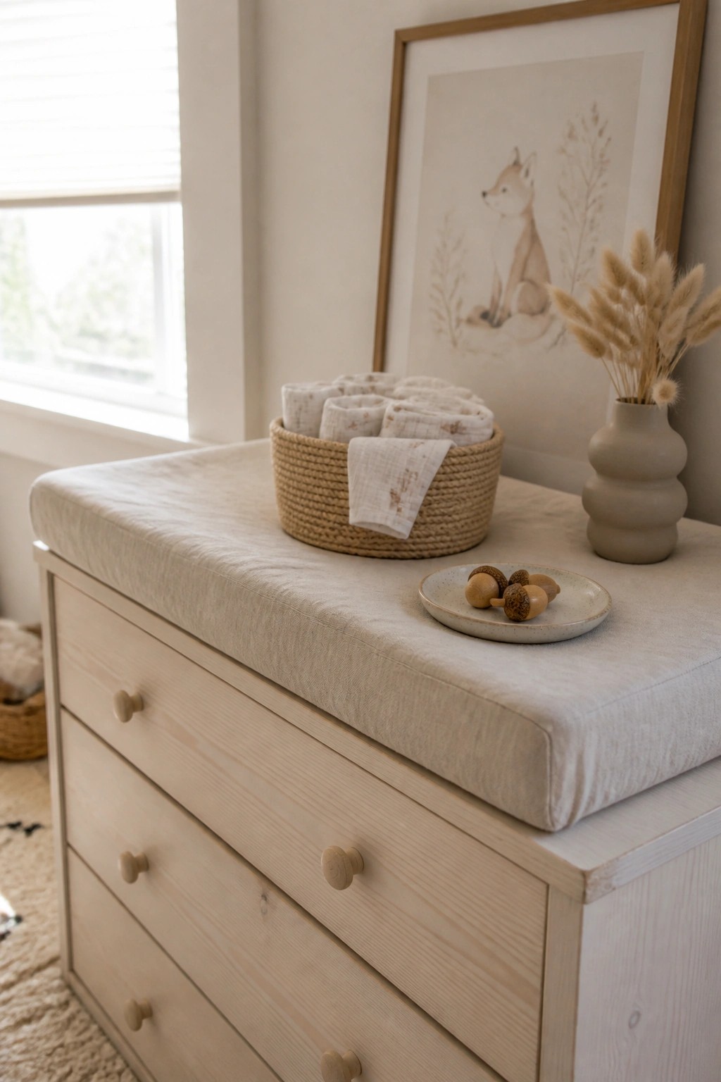 A light wood dresser topped with a changing pad holds a round woven basket of rolled cloths, a small ceramic plate with acorns, and a matte vase with dried grasses.