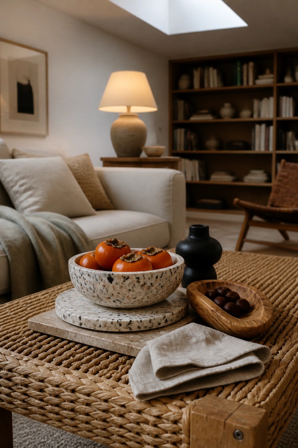 A speckled ceramic bowl filled with persimmons sits on a marble tray atop a woven coffee table, next to a small wooden bowl of chestnuts and a folded linen cloth.