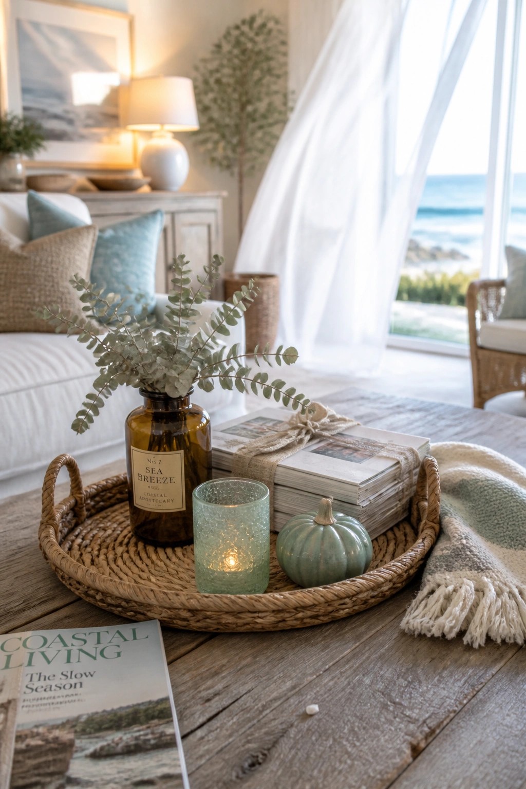 A round woven tray on a wooden coffee table holds a brown glass bottle with greenery, a lit green candle, a small green pumpkin, and a stack of books in a bright living room.