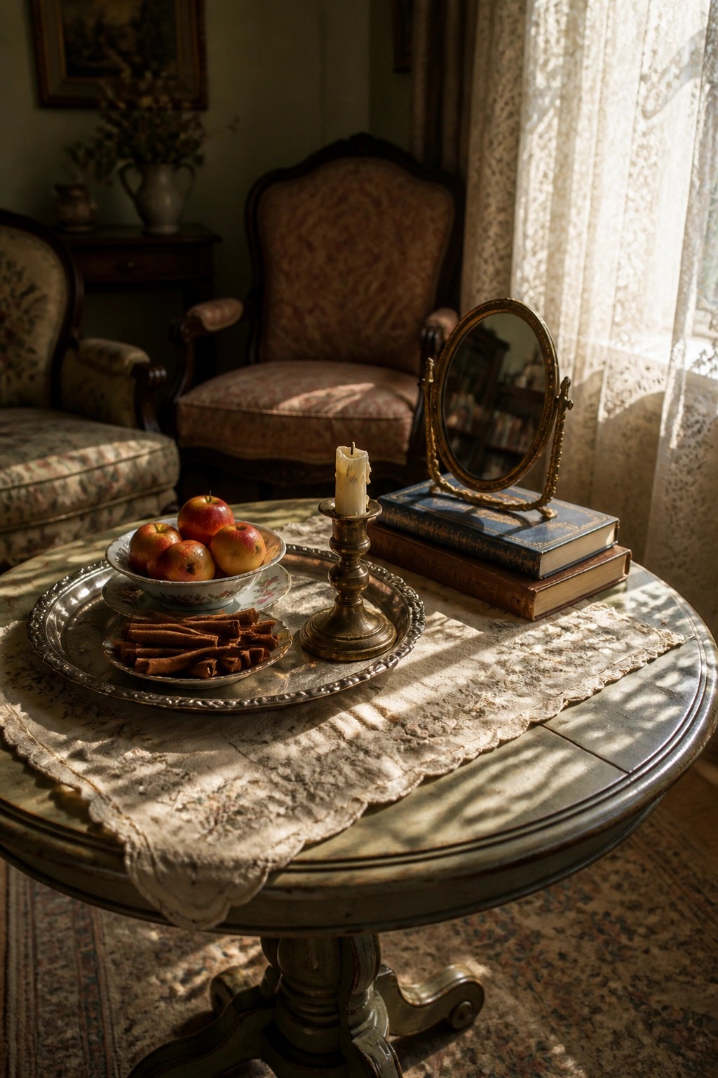 A round coffee table displays a tray holding a bowl of apples, a plate of cinnamon sticks, a lit candle in a brass holder, and stacked books next to a small mirror.