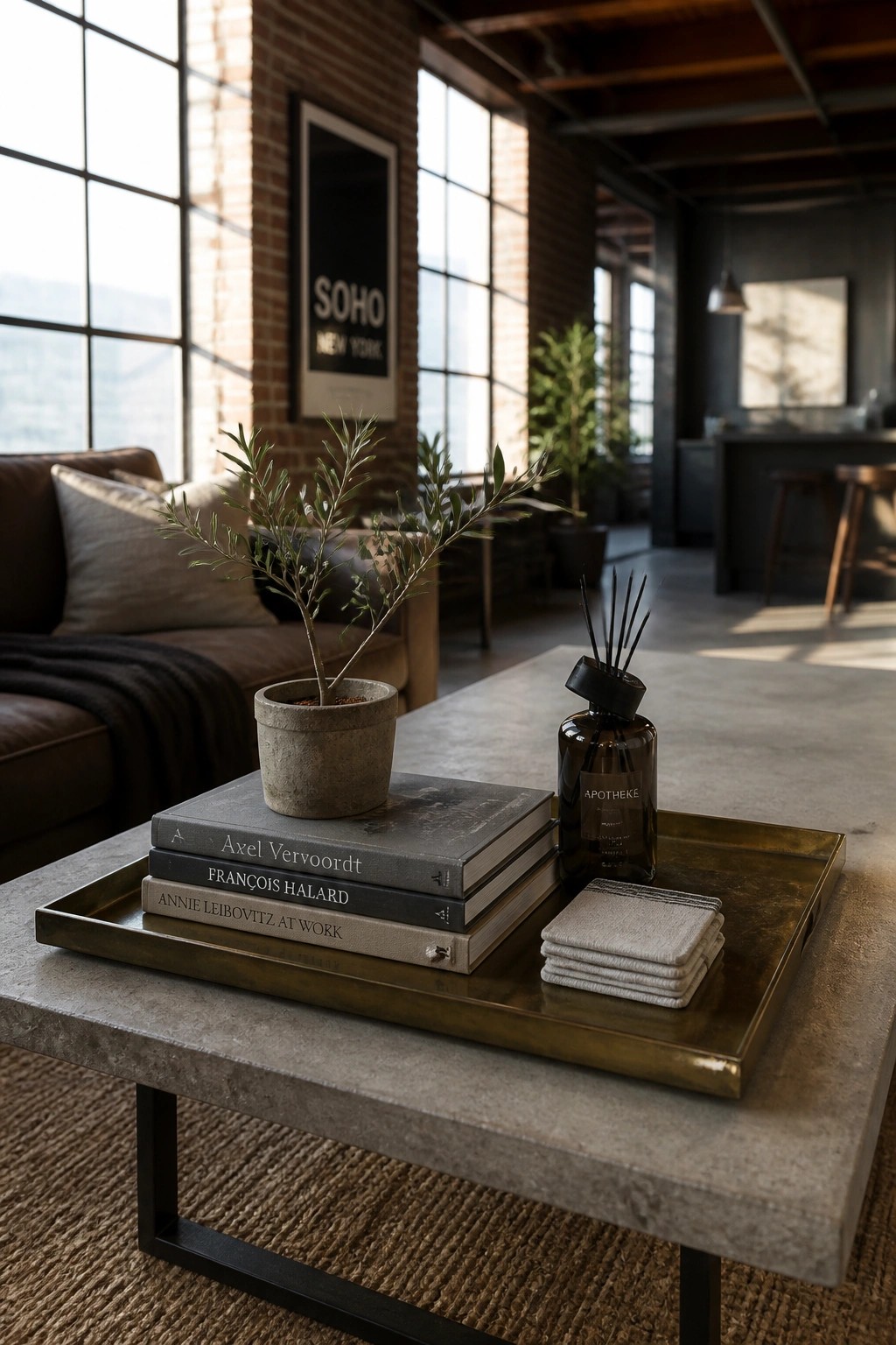A concrete coffee table holds a brass tray with stacked books, a potted plant, a reed diffuser, and folded napkins in a brick-walled living room.