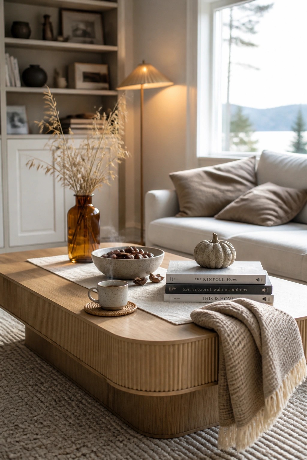 A light wood coffee table in a living room with stacked books topped by a small pumpkin, a ceramic bowl, a mug on a coaster, and dried grasses in a brown vase.