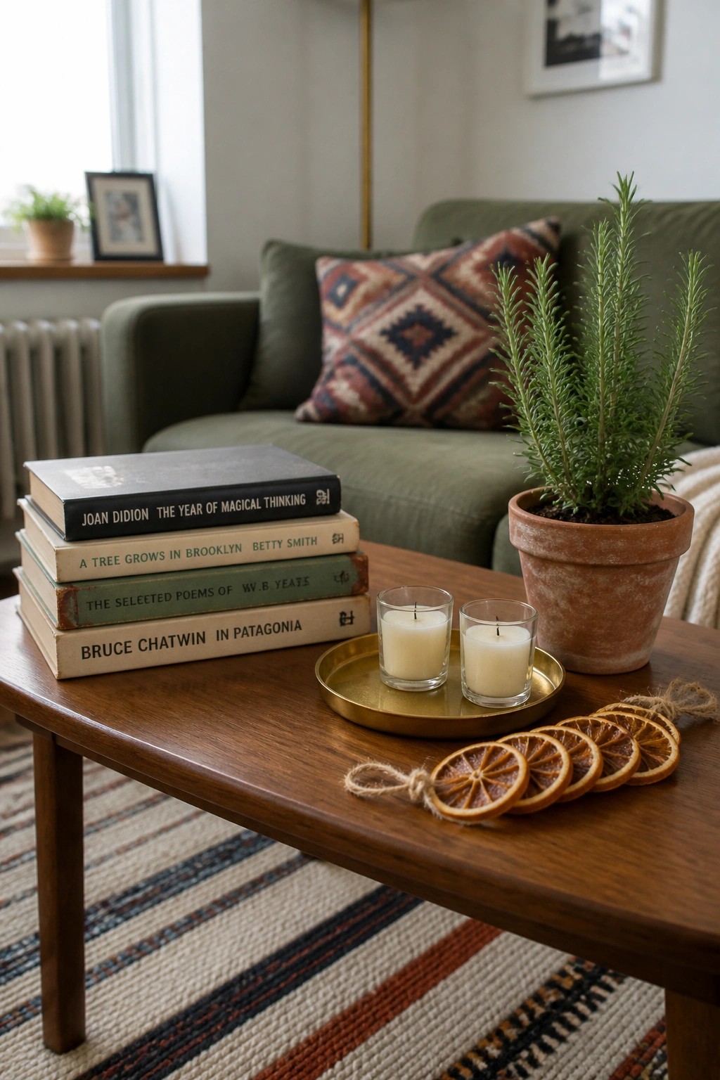 A wooden coffee table displays a stack of books, two candles on a brass tray, dried orange slices, and a potted plant near a green sofa.
