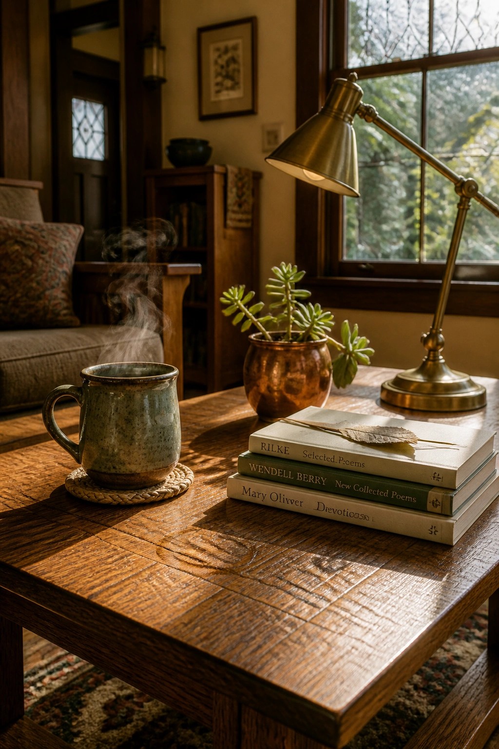 A wooden coffee table features a stack of three books with a dried leaf on top, a steaming ceramic mug on a woven coaster to the left, a potted succulent in a copper vessel, and a lit brass lamp to the right.