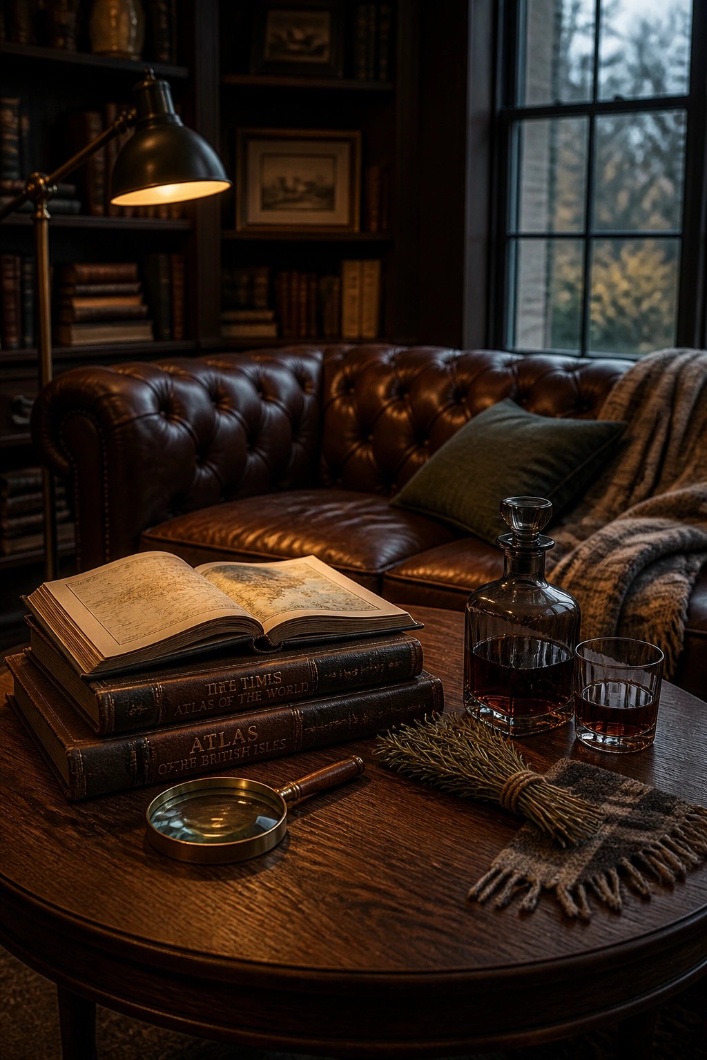 A round wooden coffee table displays stacked old atlases, an open map book, a magnifying glass, a glass decanter with whiskey, a filled tumbler, and a small bundle of wheat tied with plaid fabric, in front of a brown leather sofa.