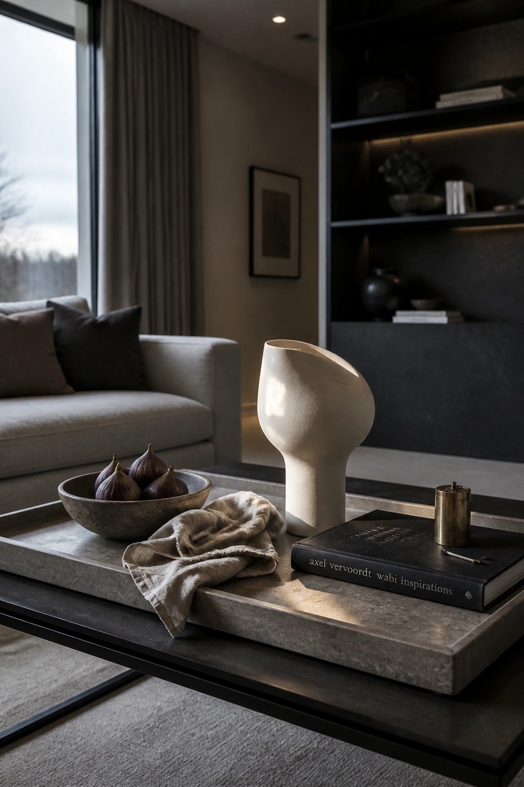A living room coffee table with a large stone tray holding a bowl of figs, a linen cloth, a sculptural white vase, a black book, and a small metal container.