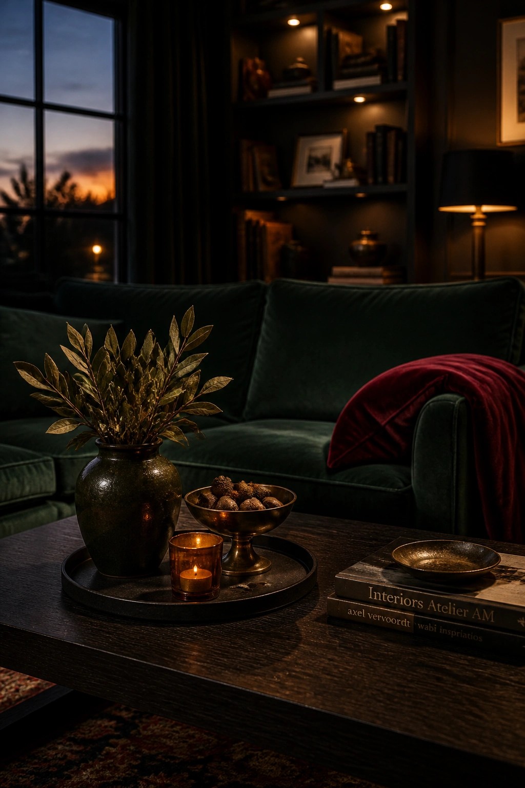 Dark wooden table with vase, lit candle, and books before green velvet sofa.