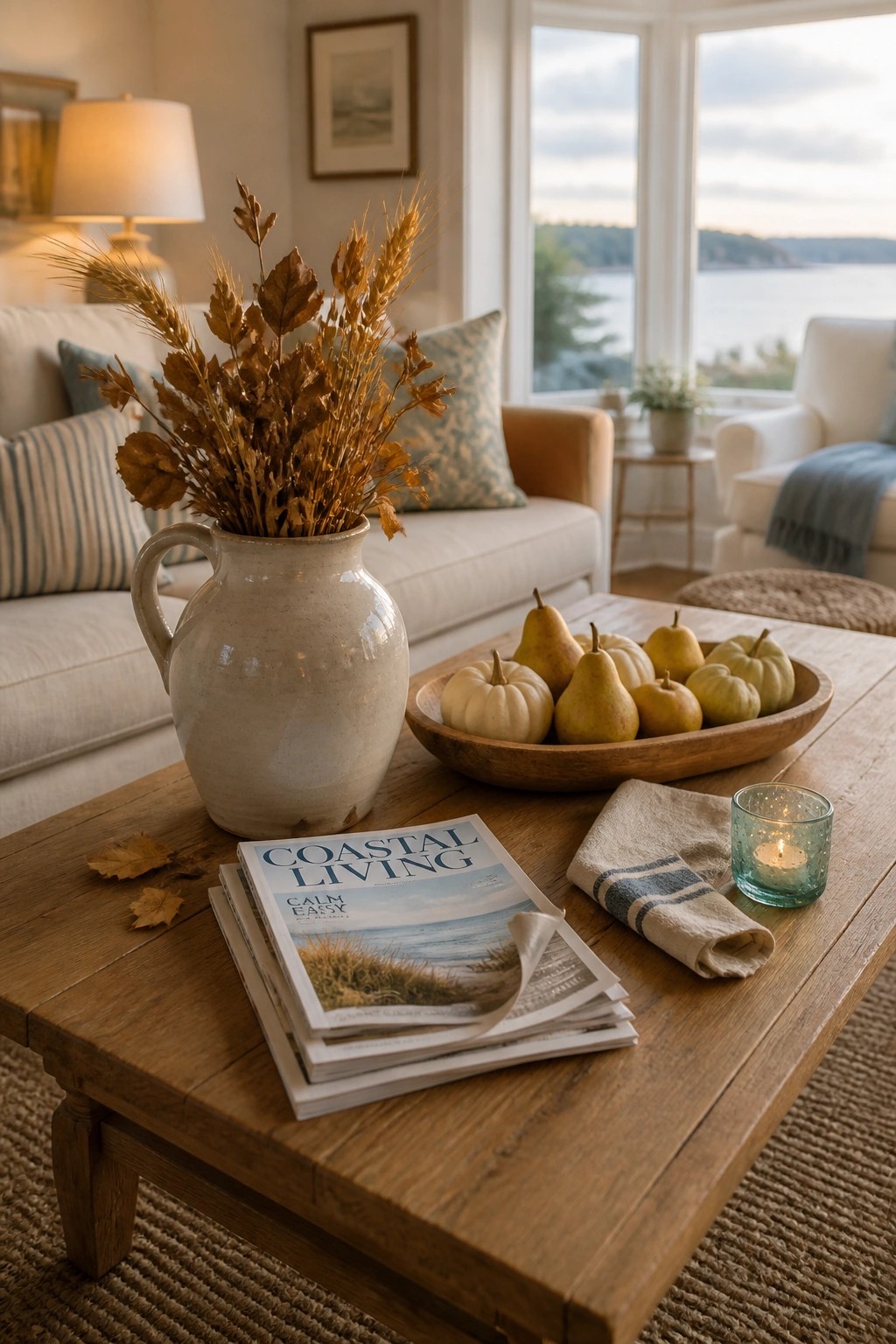 A wooden coffee table displays a ceramic vase filled with dried autumn foliage, a wooden bowl holding pears and small white pumpkins, stacked magazines, and a lit candle beside a folded napkin.