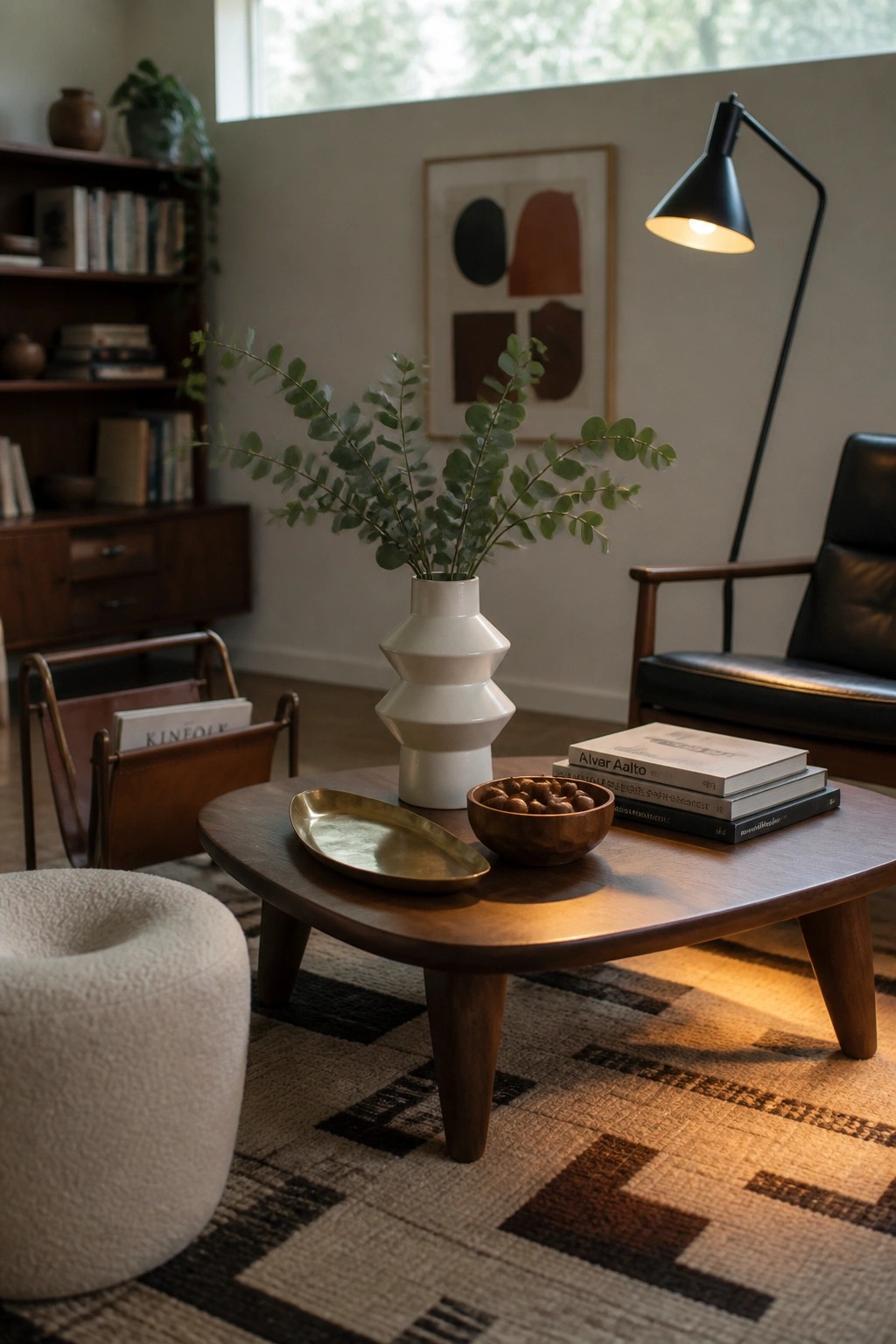 A wooden coffee table in a living room displays a white tiered vase with green branches, a brass tray, a wooden bowl of nuts, and stacked books beside a black floor lamp.