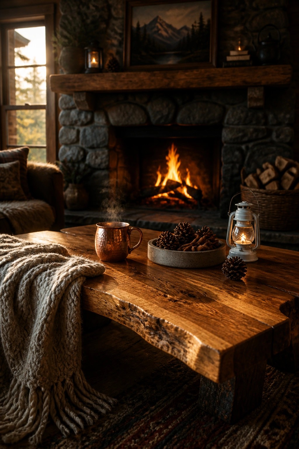 Cozy wooden table with steaming copper mug, pinecones, lantern, and knitted blanket by fire