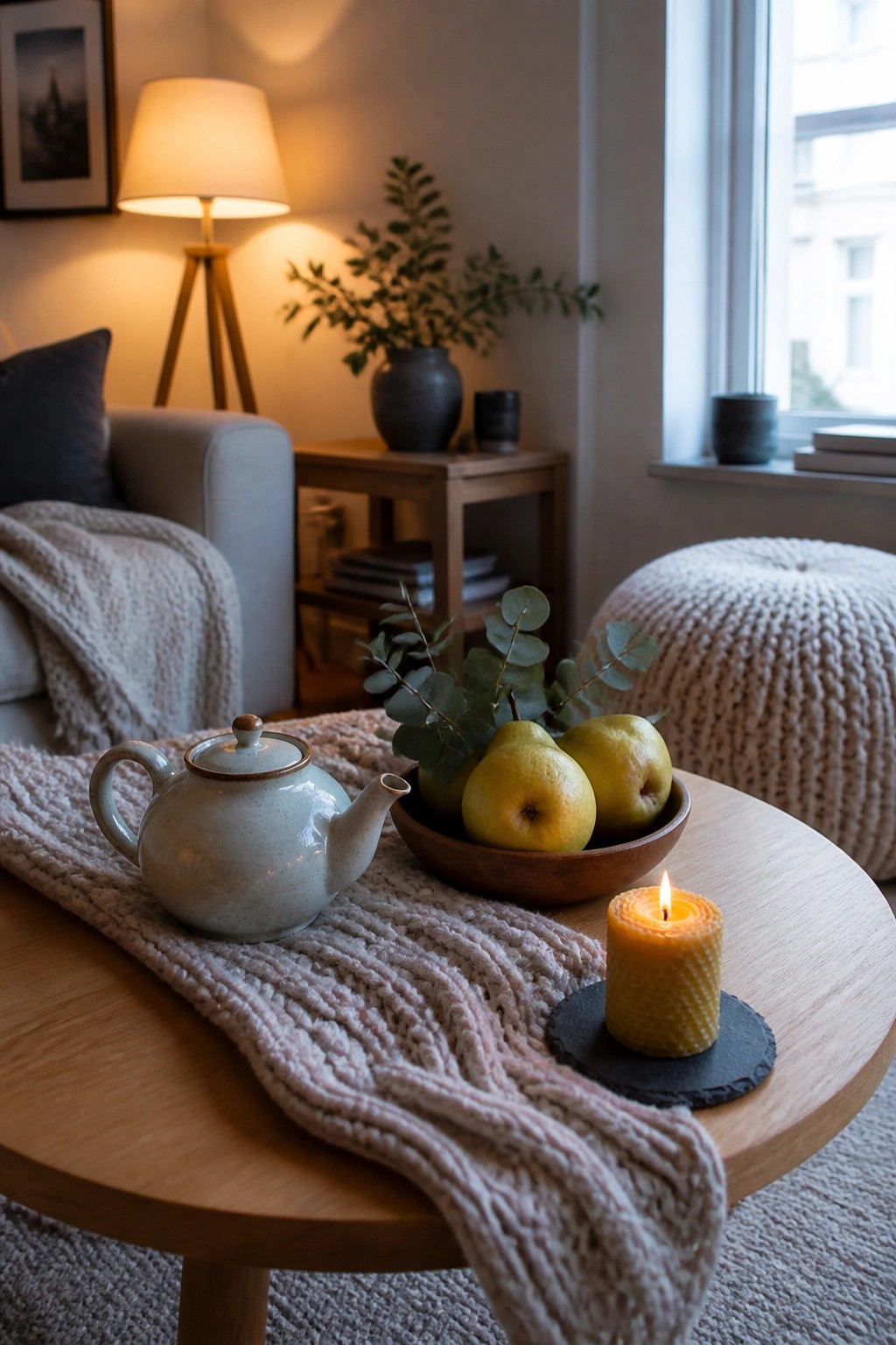 A round wooden coffee table topped with a light pink knitted runner, a ceramic teapot, a wooden bowl of pears with greenery, and a lit candle on a slate coaster in a living room.