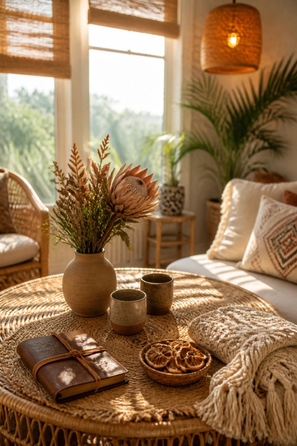 Sunlit wicker table with dried protea flowers, leather journal, and knitted blanket
