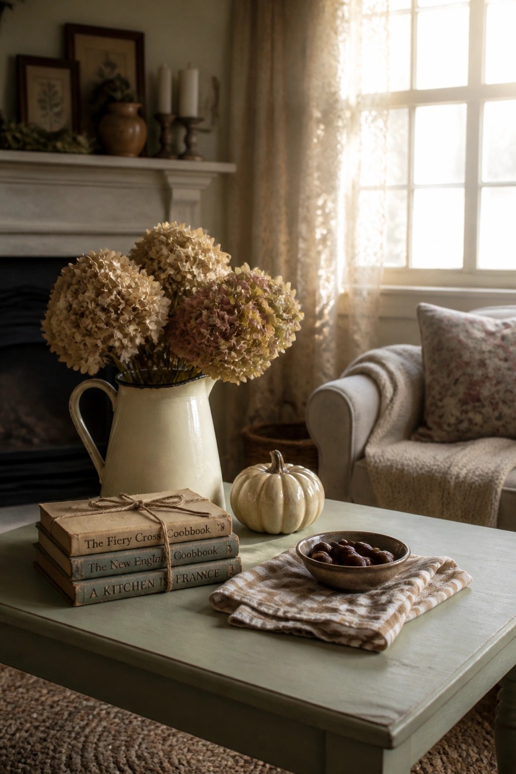 A sage green coffee table holds stacked vintage cookbooks tied with twine, a cream pitcher of dried hydrangeas, a small white pumpkin, and a bowl of chestnuts on a checkered cloth.