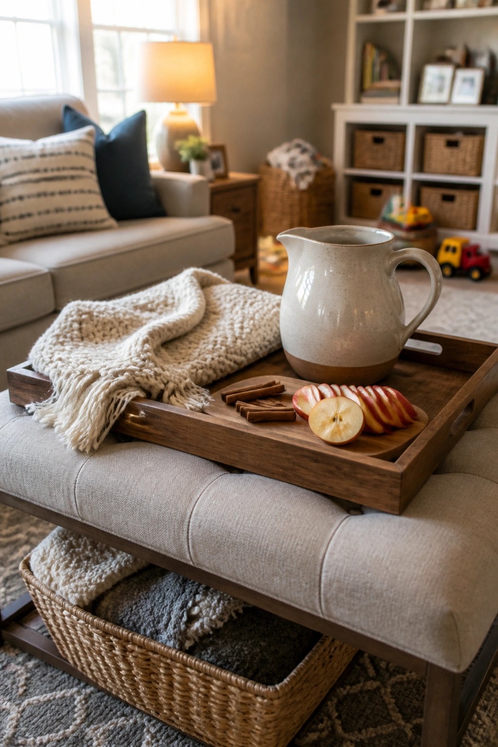 A wooden tray with a ceramic pitcher, sliced apples, and cinnamon sticks sits on a fabric ottoman in a living room.