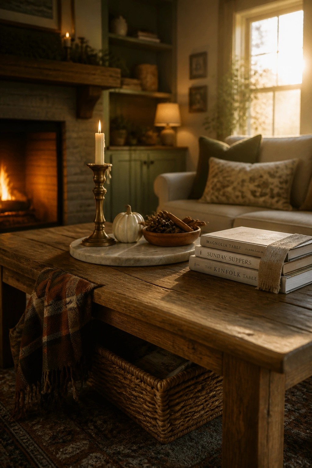 A wooden coffee table displays stacked books tied with ribbon, a lit candle on a marble tray, a small white pumpkin, and a wooden bowl of pinecones beside a plaid throw.