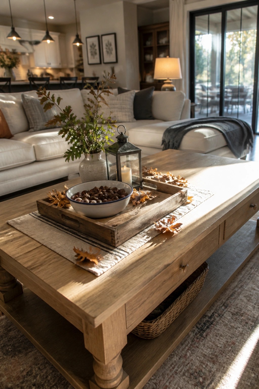 A wooden coffee table holds a rustic tray with a bowl of nuts, scattered dried leaves, a metal lantern with a lit candle, and a vase of autumn branches, set in front of a white sofa in a living room.