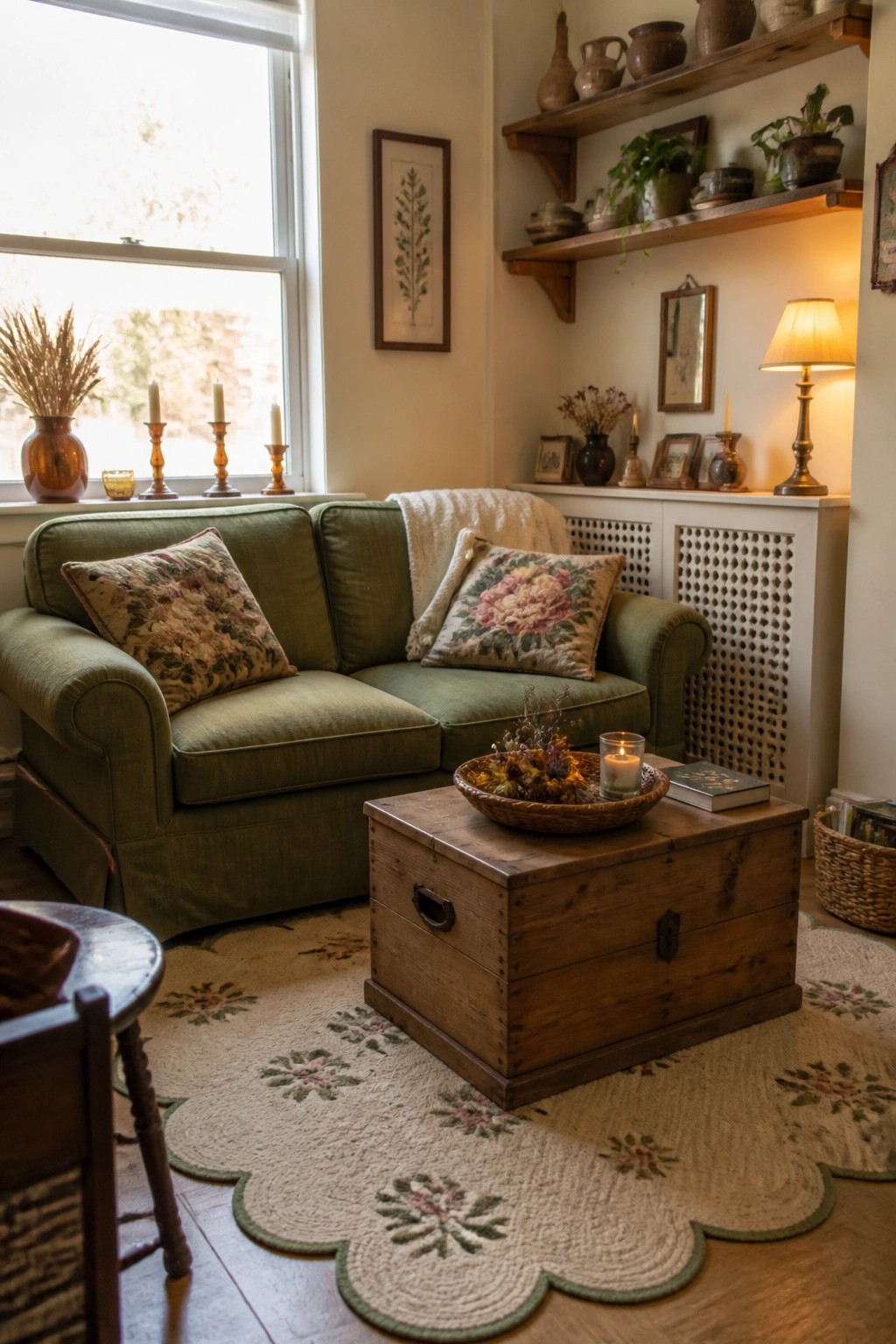 A cozy living room with a green sofa, wooden trunk used as a coffee table, layered rugs, and a window with candles on the sill.