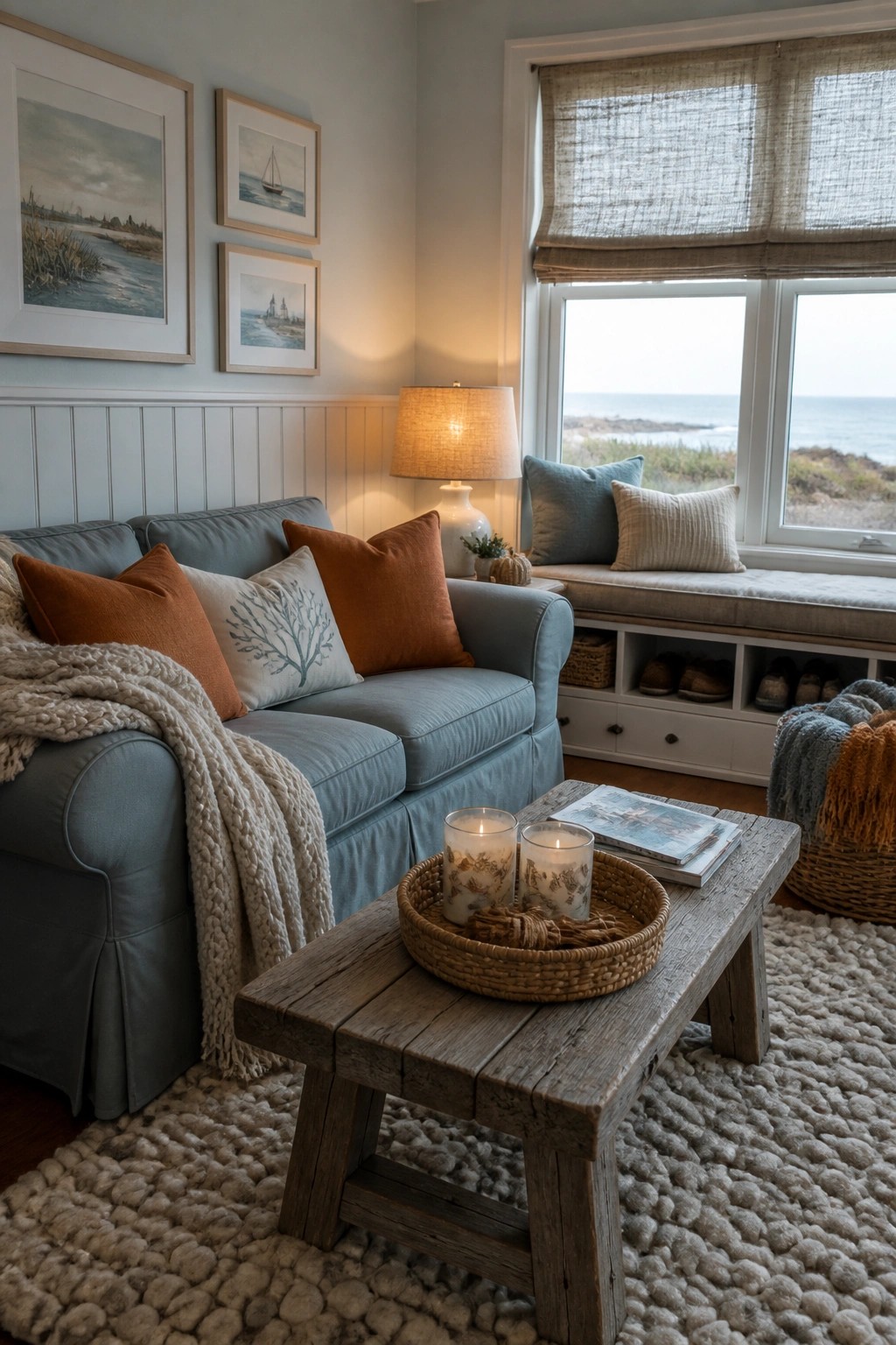 A living room corner with a blue sofa, wooden coffee table holding lit candles, and a window bench with storage cubbies beneath it.