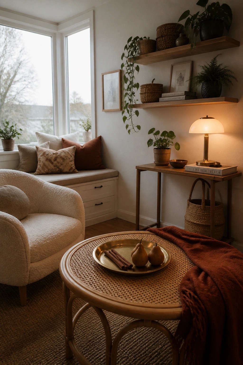 Cozy room with white armchair, round rattan table with pears, lit lamp, and plant shelves