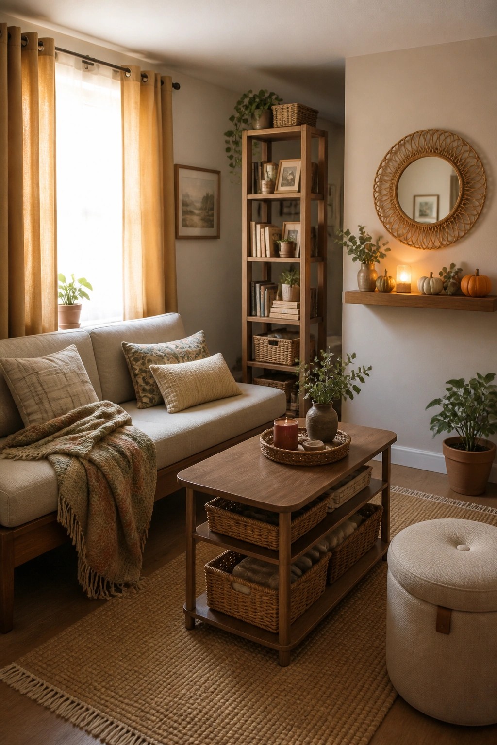 Cozy autumn living room with beige sofa, wooden coffee table, bookshelf, and round mirror.