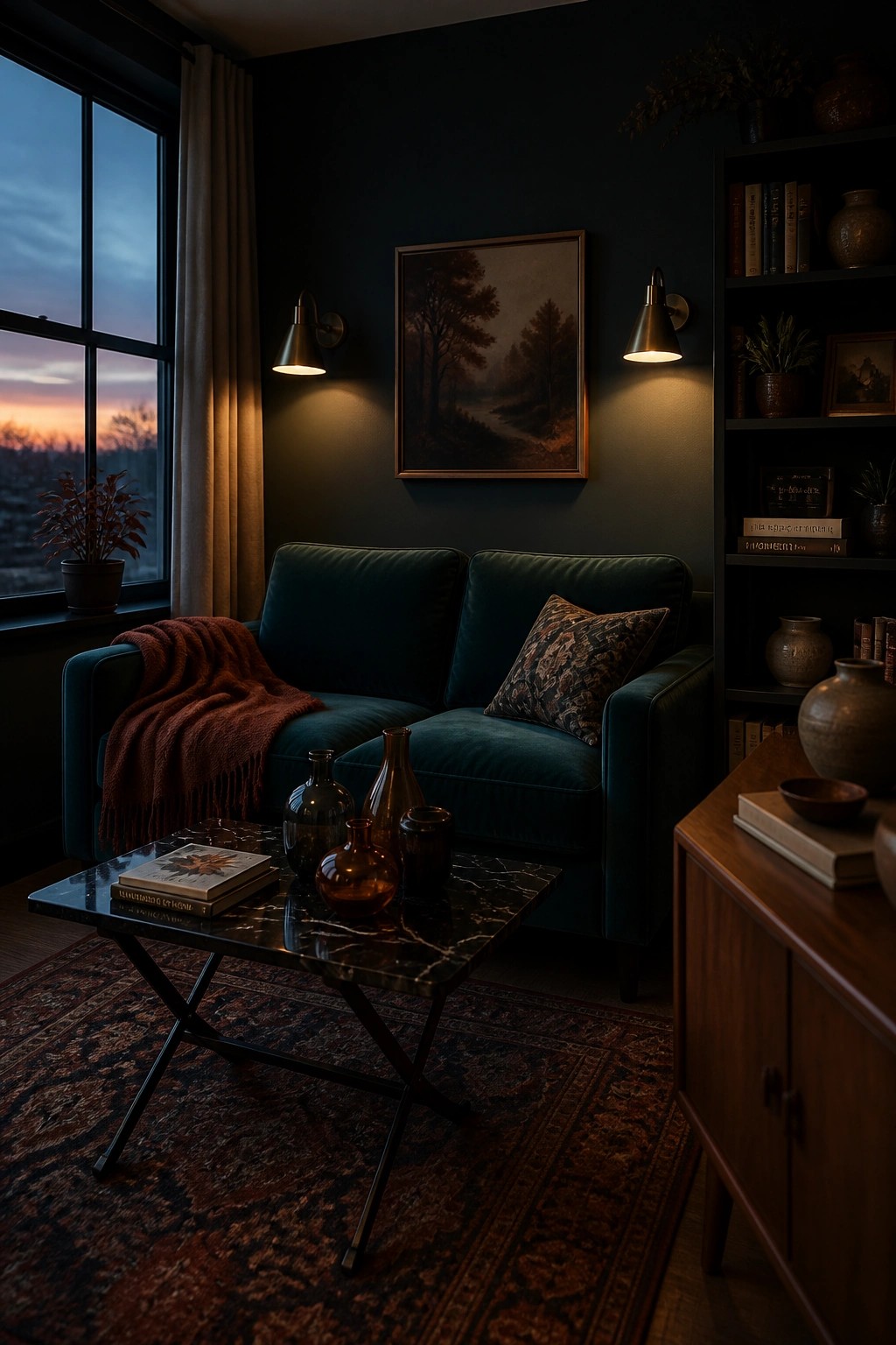 A small living room with deep navy walls, a teal velvet sofa, a marble coffee table, wall sconces, and a bookshelf in the corner.